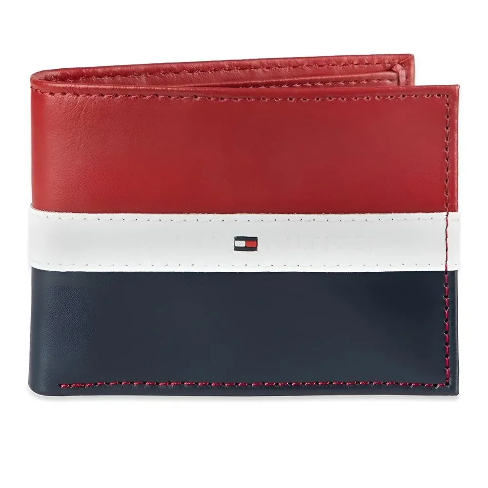 Tommy Hilfiger mens Leather Slim Bifold With Coin Pocket wallets, RED NAVY WHITE